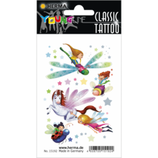 Bogen mit temporären Tattoos, darunter Feen, ein Einhorn und Kinder, umgeben von bunten Sternen.