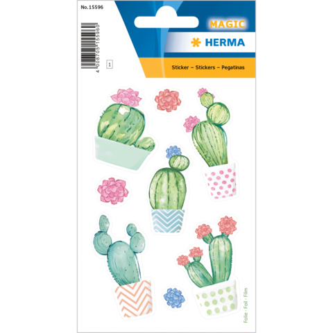 Bunte Aufkleber mit verschiedenen Kakteen und Sukkulenten in Töpfen, in pastellfarbenen Designs und unterschiedlichen Formen.