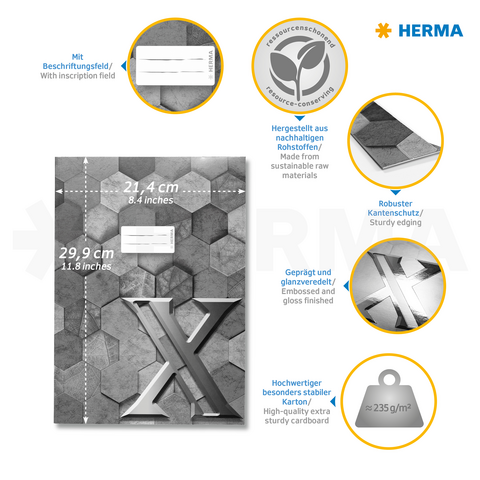 High-quality gray hexagon cards with a labeling field, sturdy edge, and glossy surface, made from sustainable materials.