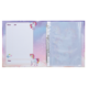 A binder with a colorful cover featuring unicorns, and a blank page for class, year, and name.