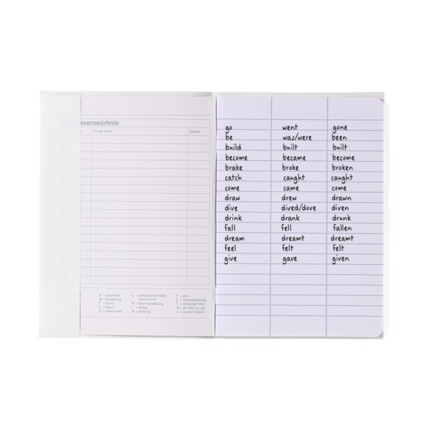 Eine offene Seite eines Notizbuchs mit einer Liste unregelmäßiger englischer Verben und ihren Vergangenheitsformen.