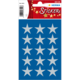 Silberne Sternaufkleber auf blauer Hintergrundkarte, 16 Stück in verschiedenen Positionen angeordnet.