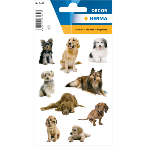 Aufkleber mit verschiedenen Hunderassen, darunter ein Golden Retriever, Yorkshire Terrier und Dackel, auf einem dekorativen Hintergrund.