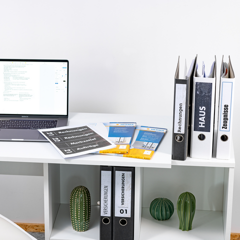 Ein Schreibtisch mit einem Laptop, mehreren Ordnern, Dokumenten und Pflanzen. Der Raum ist hell und modern eingerichtet.