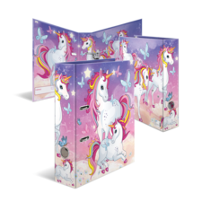 Ordner mit Einhorn-Motiv, verziert mit bunten Einhörnern und Schmetterlingen auf lila Hintergrund. Ideal für Kinder.