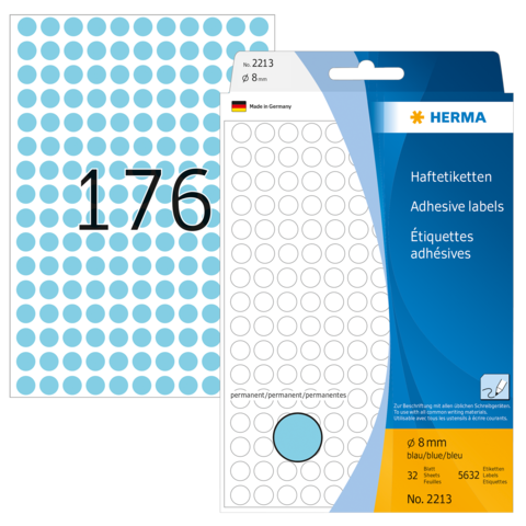 Blaues Etikettenblatt mit 32 runden Haftetiketten, Durchmesser 8 mm, verpackt in einer transparenten Hülle.