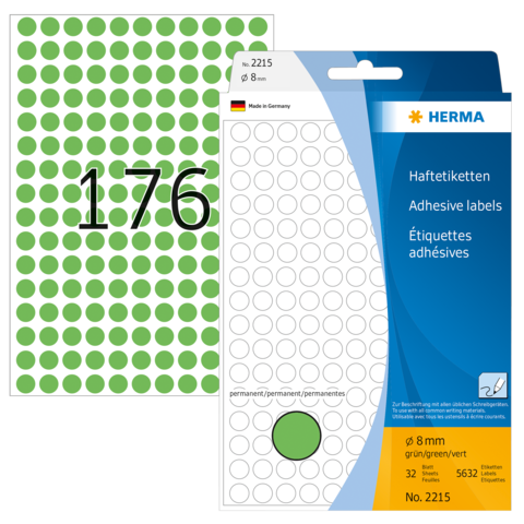 Grüne Haftetiketten auf einer Verpackung, mit der Nummer 2215 und 32 runden Etiketten pro Blatt, Durchmesser 8 mm.