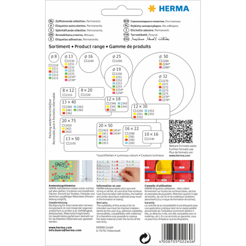 Produktübersicht von HERMA mit verschiedenen Etikettenformaten und Anwendungshinweisen in mehreren Sprachen.