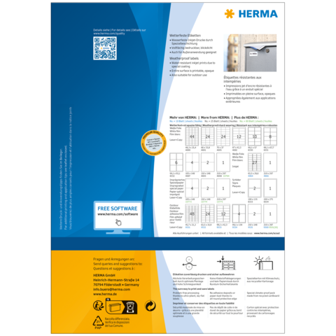 Produktinformation von HERMA, einschließlich QR-Code, Softwarehinweis und Anleitungen zur Verwendung von Etiketten und Zubehör.