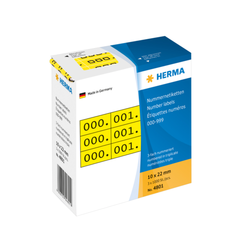 Nummer etiketten von HERMA, 10 x 22 mm, mit Nummern 000-999, 3-fach nummeriert, Verpackung enthält 1000 Stück.