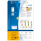 Rückseite einer Verpackung mit Informationen zu Etiketten, Software und Anwendungsanleitungen. Enthält QR-Code und Farbcodes für Etiketten.