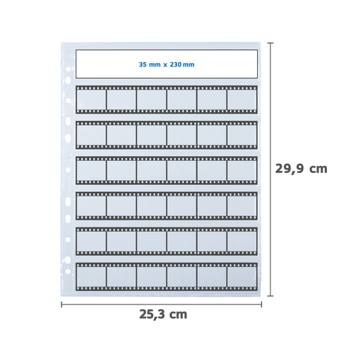 A transparent photo sheet with space for 35 mm x 230 mm film strips, featuring 12 pockets in two rows. Dimensions: 25.3 cm x 29.9 cm.
