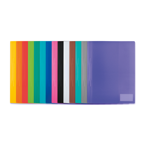 Colorful plastic folders in various colors, arranged in a row, with a transparent purple folder on the right side.