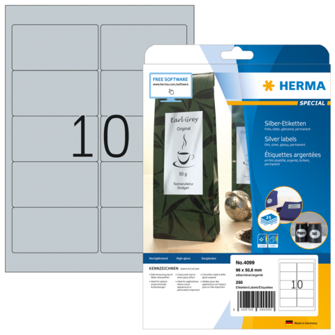 Silberne Etiketten von Herma, 250 Stück, 59 x 49 mm, geeignet für Beschriftungen, mit Beispiel für Earl Grey Tee.
