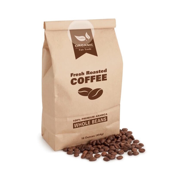 Sealing labels made of semi-transparent paper on coffee packaging made of paper.