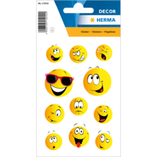 Bogen mit verschiedenen Smiley-Stickern in gelb, einschließlich fröhlicher und lustiger Gesichter, einige mit Sonnenbrillen.