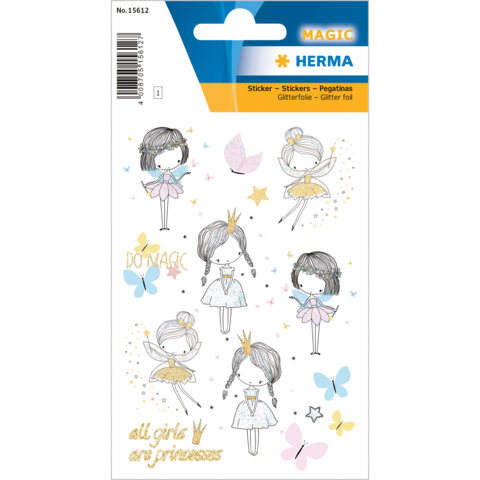 Aufkleber mit verschiedenen Mädchen in Prinzessinnen- und Feenoutfits, umgeben von Sternen und Schmetterlingen. Text: "Do Magic" und "All girls are princesses".