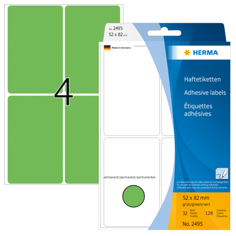 Grüne Haftetiketten von Herma, 52 x 82 mm, 32 Etiketten pro Packung, permanent haftend, mit einer grünen und einer weißen Vorlage.