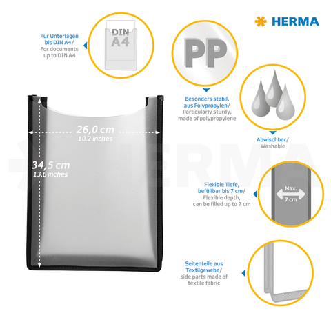 Transparente Kunststofftasche mit den Maßen 26 cm x 34,5 cm, flexibel bis 7 cm, waschbar und stabil, mit textilbeschichtetem Rand.