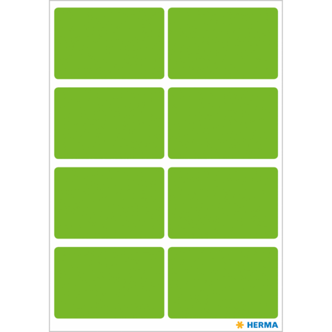 Grüne Aufkleber auf einem Bogen, angeordnet in zwei Spalten und fünf Reihen, ideal für Beschriftungen oder Organisation.