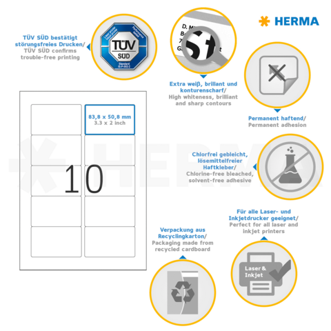Etikettenblatt mit zehn rechteckigen Etiketten, Informationen zu Druckqualität, Haftung, Recycling und Verwendung für Laser- und Tintenstrahldrucker.