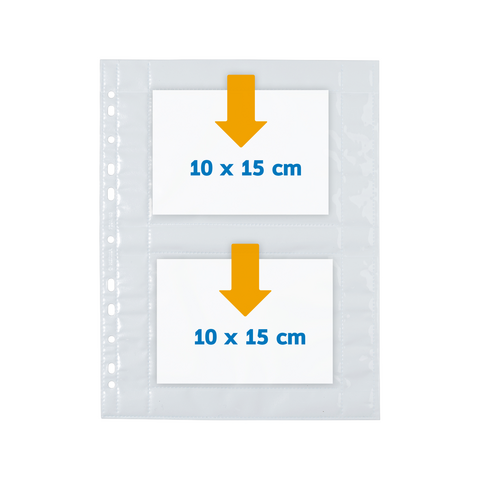 Two blank cards measuring 10 x 15 cm in a clear sleeve, with arrows pointing to the cards.