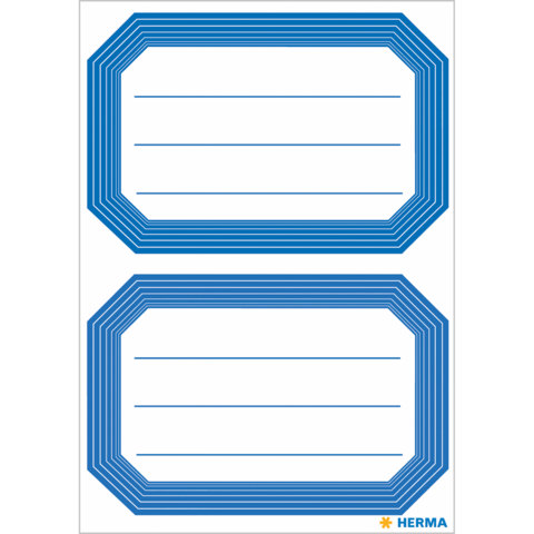 Zwei leere Etiketten mit blauen, gestreiften Rahmen, bereit zum Beschriften. Ideal für Organisation oder Beschriftung von Gegenständen.