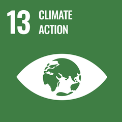 Symbol for climate protection featuring an Earth in one eye, surrounded by a green background and the inscription '13 CLIMATE ACTION'.