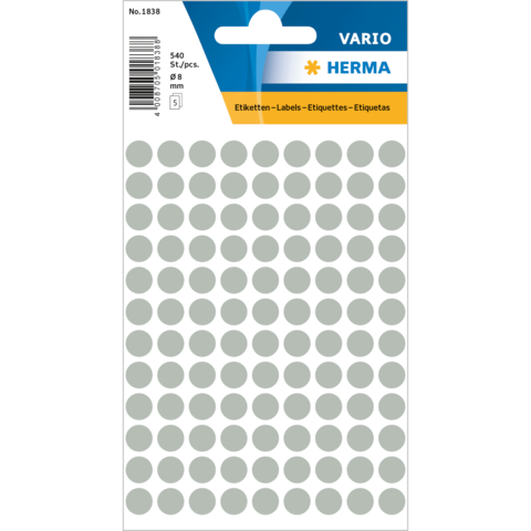 Blatt mit 540 grauen runden Etiketten, Durchmesser 8 mm, verpackt in einer transparenten Hülle.