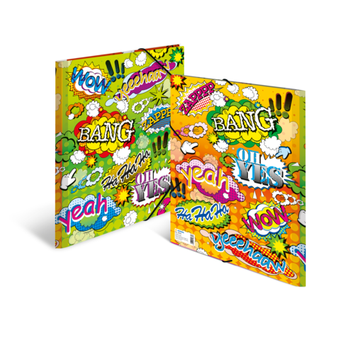 Bunte Cover von zwei Alben mit auffälligen Grafiken und Texten wie "BANG", "WOW" und "YEAH" in verschiedenen Farben und Schriftarten.