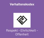 Code of conduct featuring the values of respect, honesty, and openness, represented by a thumbs-up symbol on an orange background.