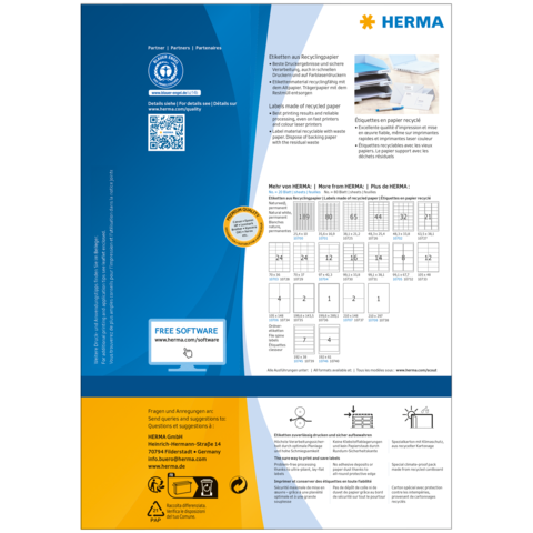 Etikettenblatt von HERMA mit Informationen zu Recycling und Software. Enthält verschiedene Etikettengrößen und Anwendungsbeispiele.