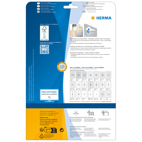 Produktverpackung von HERMA mit Informationen zu Etiketten, Software und Anwendungshinweisen. Enthält QR-Code und Symbole für Nachhaltigkeit.
