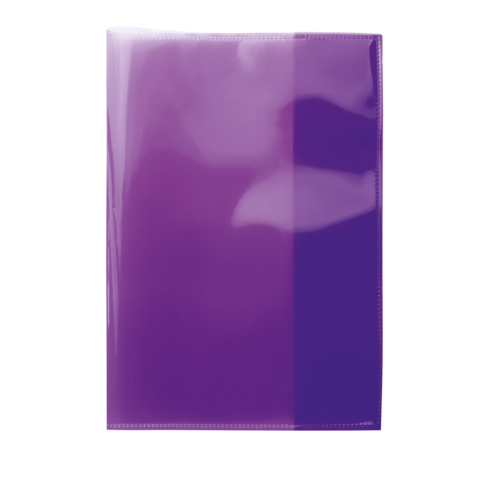 Lila, glänzende Kunststoffmappe, die geschlossen ist und eine glatte Oberfläche aufweist.