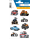 Aufkleber mit verschiedenen Fahrzeugen, darunter ein Feuerwehrwagen, ein Traktor, ein Motorrad, ein Oldtimer und ein Krankenwagen.