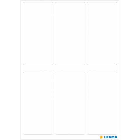 Leere Etikettenblätter mit sechs rechteckigen Feldern, geeignet für Beschriftungen oder Aufkleber. Hersteller: HERMA.