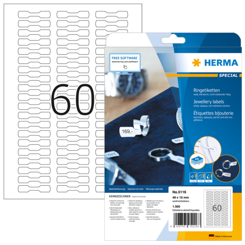 Ringetiketten-Packung mit 1500 Etiketten, Größe 44 x 10 mm, für Schmuckbeschriftung. Enthält kostenlose Software zur Erstellung von Etiketten.