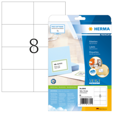 Etikettenblatt mit acht leeren Etiketten und Verpackung von HERMA, die die Verwendung von kostenlosen Software zur Gestaltung anzeigt.