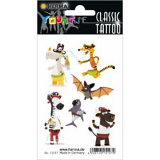 Bunte temporäre Tattoos mit verschiedenen Tierfiguren, darunter ein Pirat, ein Zebra, ein Drache und ein Fledermaus.
