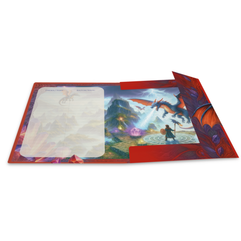 An open notebook featuring a fantastic landscape, a dragon, and a traveler. The left page is blank for notes.