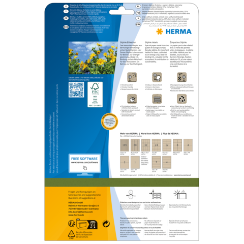 Anleitung für selbstklebende Etiketten von HERMA, einschließlich Softwarehinweis und Symbolerklärungen. Enthält Informationen zur Anwendung und Nutzung.