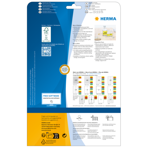 Verpackungsrückseite mit Informationen zu HERMA Produkten, einschließlich Softwarehinweis und Anwendungsbeispielen.