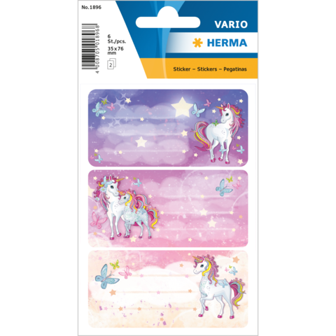 Drei Sticker mit Einhörnern und Schmetterlingen auf buntem Hintergrund in lila und rosa. Ideal für Dekoration oder Bastelprojekte.