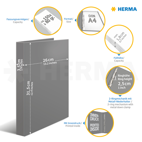 Stabiler Kartonordner im DIN A4 Format mit 4-Ringmechanik, Kapazität für 150 Blätter, Höhe der Ringe 2,5 cm.
