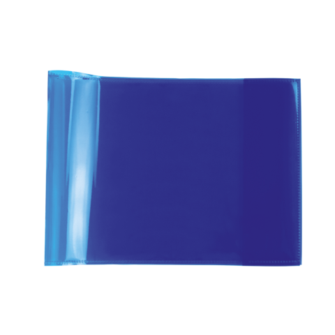 Blauer, transparenter Ordner mit einer offenen Seite, geeignet zur Aufbewahrung von Dokumenten oder Blättern.