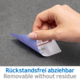 Eine Hand zieht einen abziehbaren Aufkleber von einer Oberfläche, mit dem Text "Rückstandsfrei abziehbar" sichtbar.