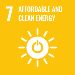 Number 7 with the text 'Affordable and Clean Energy' and a symbol depicting an energy button with sun rays.