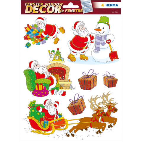 Weihnachtliche Fensterdekoration mit mehreren Weihnachtsmännern, einem Schneemann, Geschenken und einem Schlitten mit Rentieren.