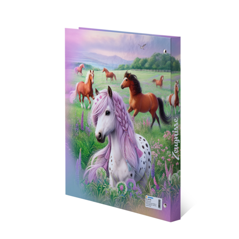 A folder featuring a white horse with a purple mane and other horses in a blooming meadow in the background.