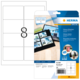 Blatt mit glänzenden Etiketten, 8 Etiketten pro Seite, verpackt in einer transparenten Hülle. Enthält Software-Hinweis.